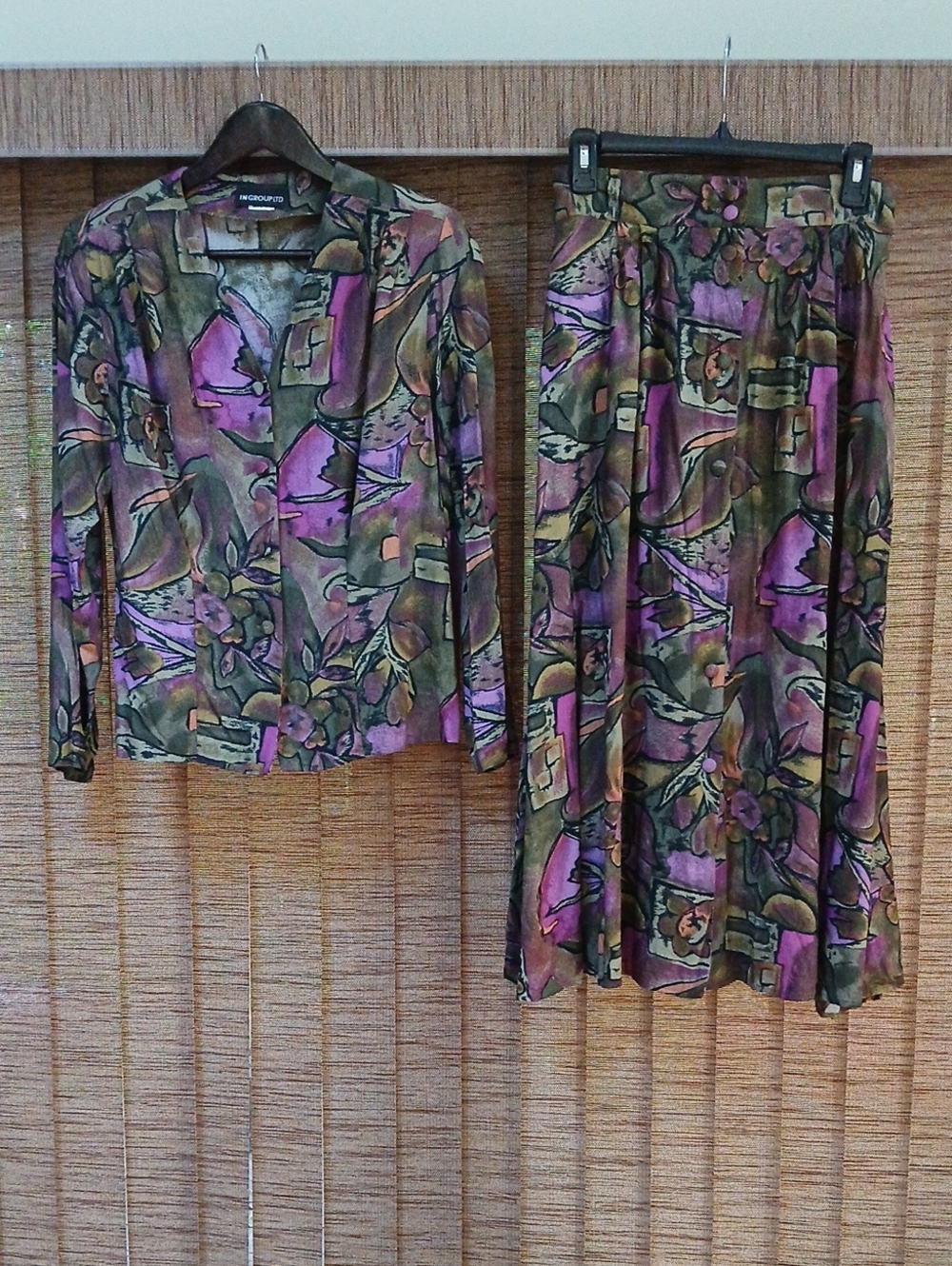 VTG 80s / 90s In Group Ltd Rayon Skirt Set Jacket Abstract Watercolor Floral